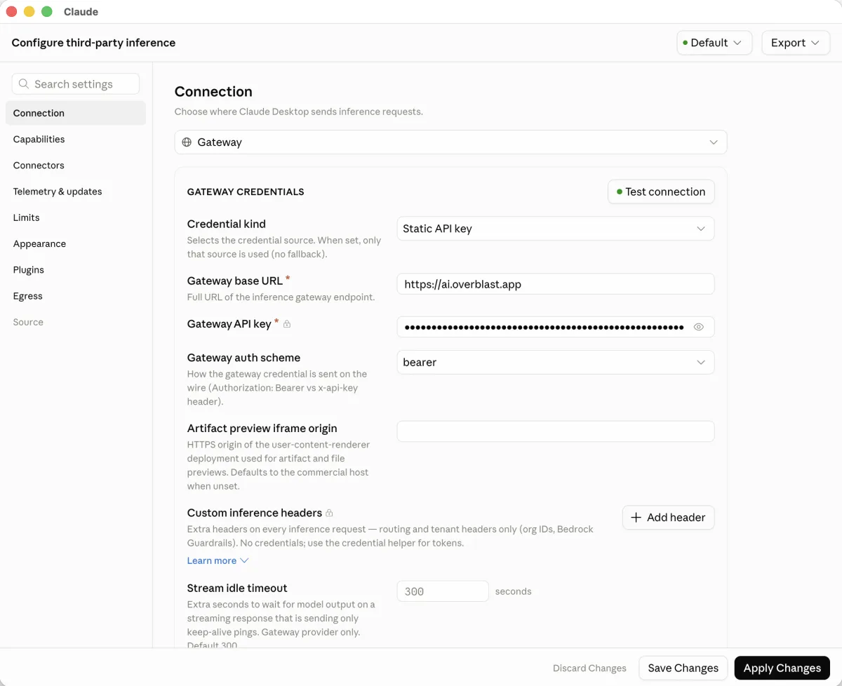 The Claude desktop app's Configure third-party inference window, on Connection: the provider is Gateway, Credential kind is Static API key, Gateway base URL is https://ai.overblast.app, the Gateway API key is hidden as dots, and Gateway auth scheme is bearer. Apply Changes is at the bottom right.